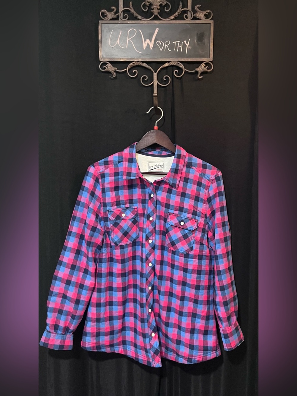 BC Clothing Plaid Shacket – Pink & Blue Fleece-Lined Coat, Size L